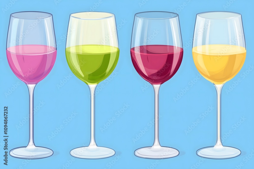 Colorful wine glasses lined up on a blue background Colorful wine glasses lined up on a blue background