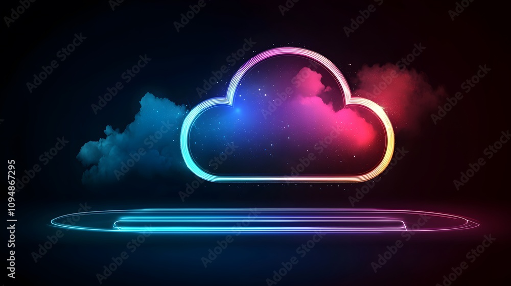Digital cloud storage concept with bold icons for files and analytics glowing in a dark tech interface Digital cloud storage concept with bold icons for files and analytics glowing in a dark tech interface