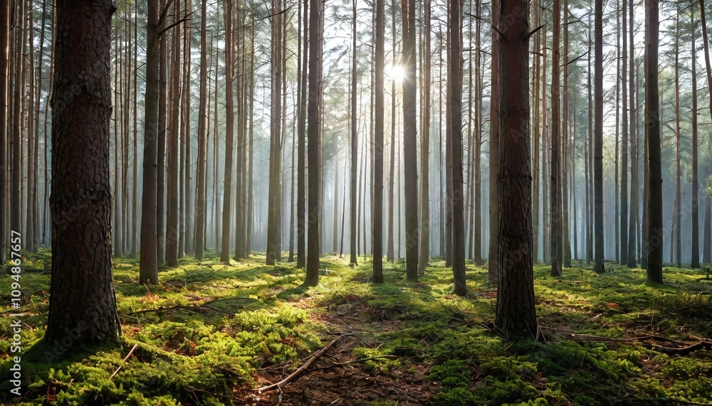Naklejka premium Foggy morning in a dense pine forest with sunshine.