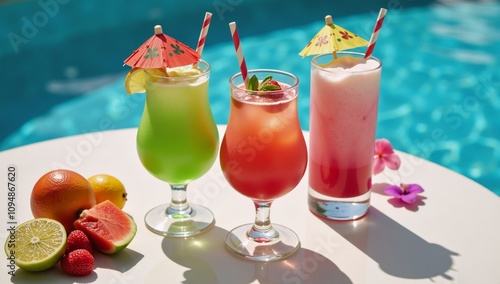 Vibrant spectrum color summer cocktails displayed beside pool in award-winning photograph photo