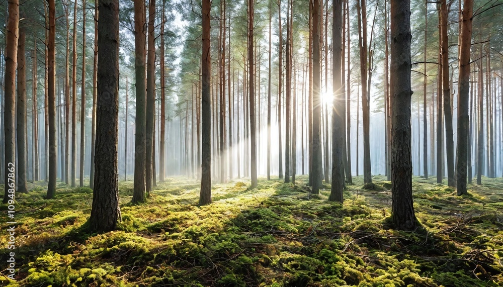 Naklejka premium Foggy morning in a dense pine forest with sunshine.