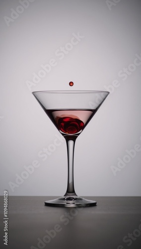 Clear cocktail with singular red drop that appears like droplet of blood in water served on modern glassware in minimalistic setting