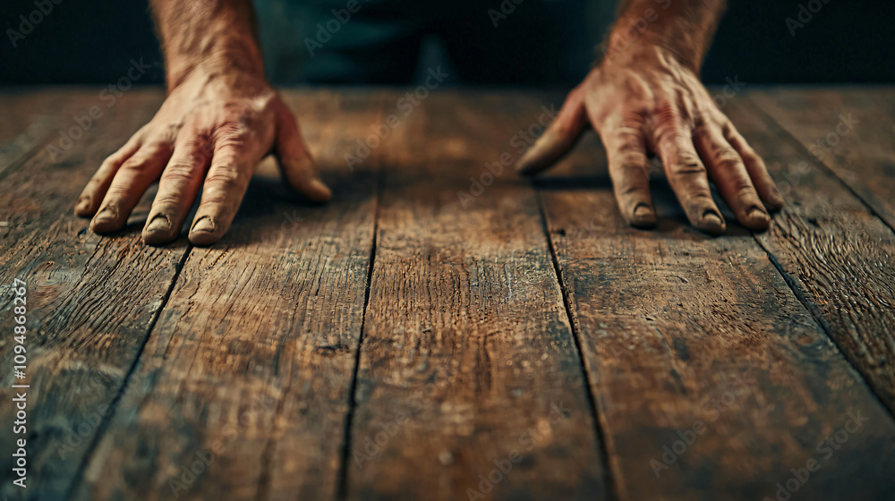 A close-up of hands resting on a rustic wooden surface, showcasing texture and dirt, symbolizing hard work and craftsmanship. A close-up of hands resting on a rustic wooden surface, showcasing texture and dirt, symbolizing hard work and craftsmanship.