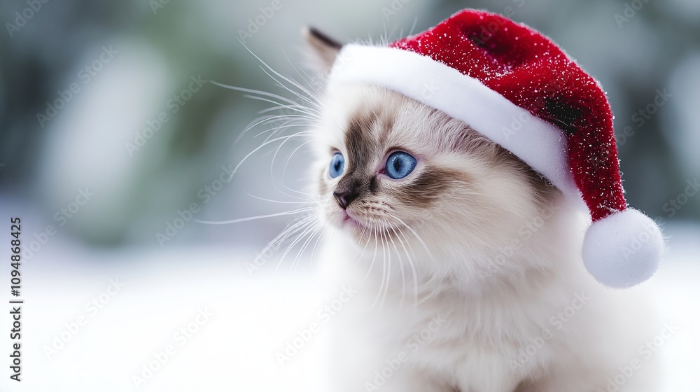 Fototapeta premium Siamese smoke cat in a Santa Claus hat waits for Christmas gift boxes on holiday. Merry Christmas and Happy New Year