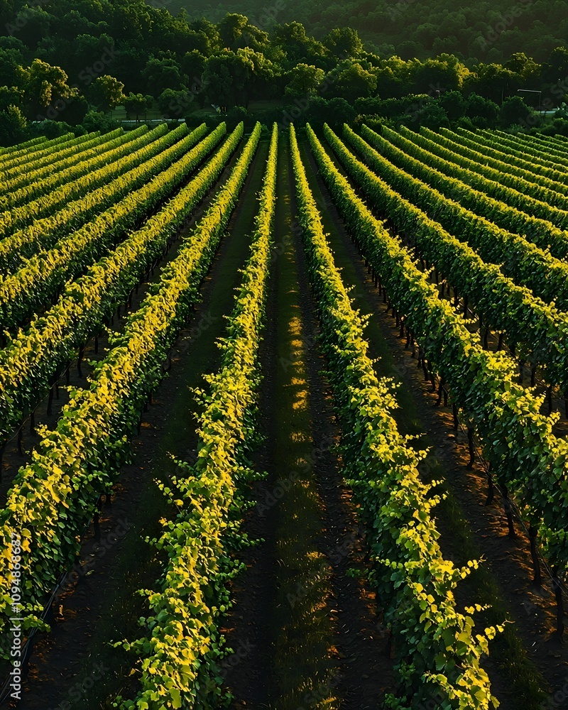 A stunning view of a lush vineyard with rows of grapevines bathed in golden light, capturing the beauty of agriculture and nature's bounty during sunset. A stunning view of a lush vineyard with rows of grapevines bathed in golden light, capturing the beauty of agriculture and nature's bounty during sunset.