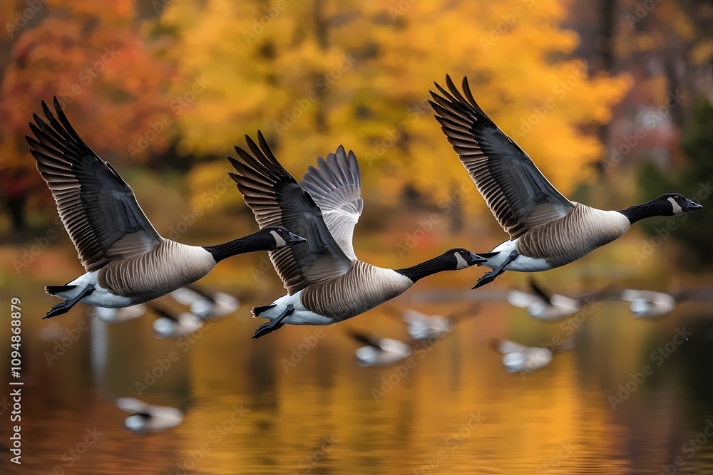 Fototapeta premium A trio of Canada geese in graceful flight over a tranquil lake, framed by vibrant autumn foliage in hues of orange and yellow, evoking a sense of serenity and beauty.