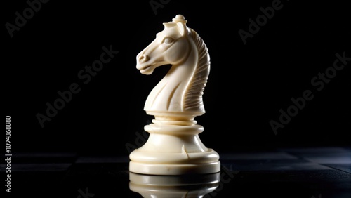 A White Knight Chess Piece Stands on a Black Chessboard photo