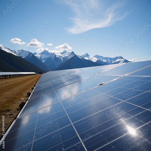 Solar panels amidst mountainous landscapes under clear blue skies - promoting green energy and sustainability photo