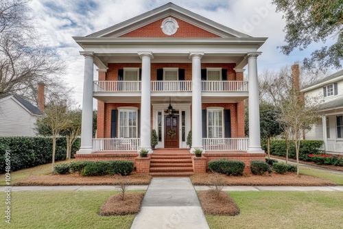 A grand brick house with columns and a welcoming entrance surrounded by greenery.