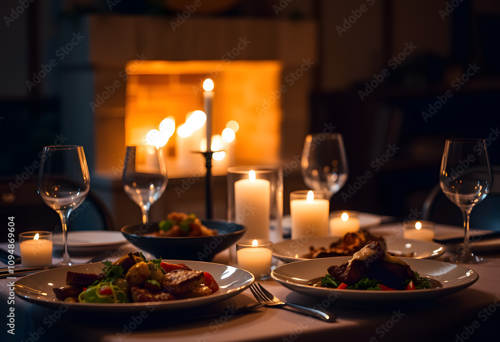 Cozy Christmas dinner table setting with gourmet dishes and candles by the fireplace Cozy Christmas dinner table setting with gourmet dishes and candles by the fireplace