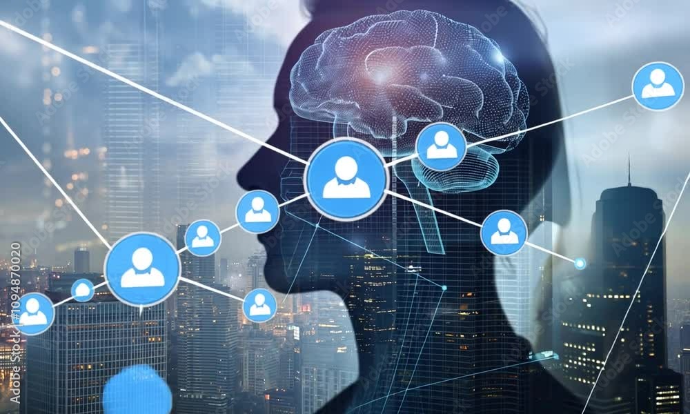 Artificial intelligence business management and organization. Artificial intelligence-supported human resources recruitment process. Double exposure business skyline and digital brain hologram. Artificial intelligence business management and organization. Artificial intelligence-supported human resources recruitment process. Double exposure business skyline and digital brain hologram.