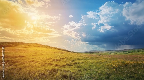 A bright sunny day on one side of a landscape and a dark storm cloud on the other, showing the contrast between weather conditions
