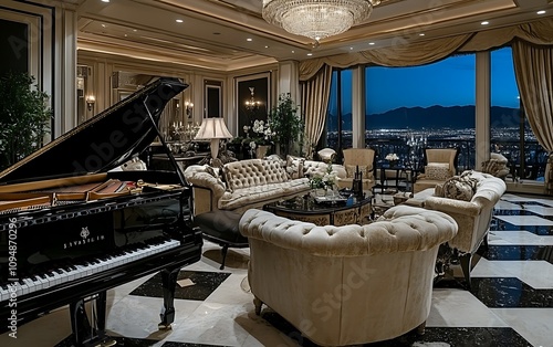Luxurious living room with grand piano and city view at dusk.