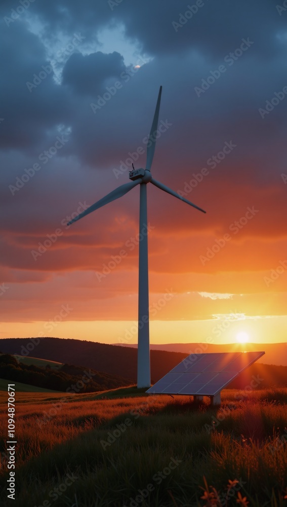 Obraz premium Windmill-solar panel duo stands atop a vivid sunset horizon highlighting renewable energy and sustainability