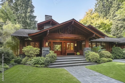 A beautiful wooden house surrounded by lush greenery and landscaped gardens.