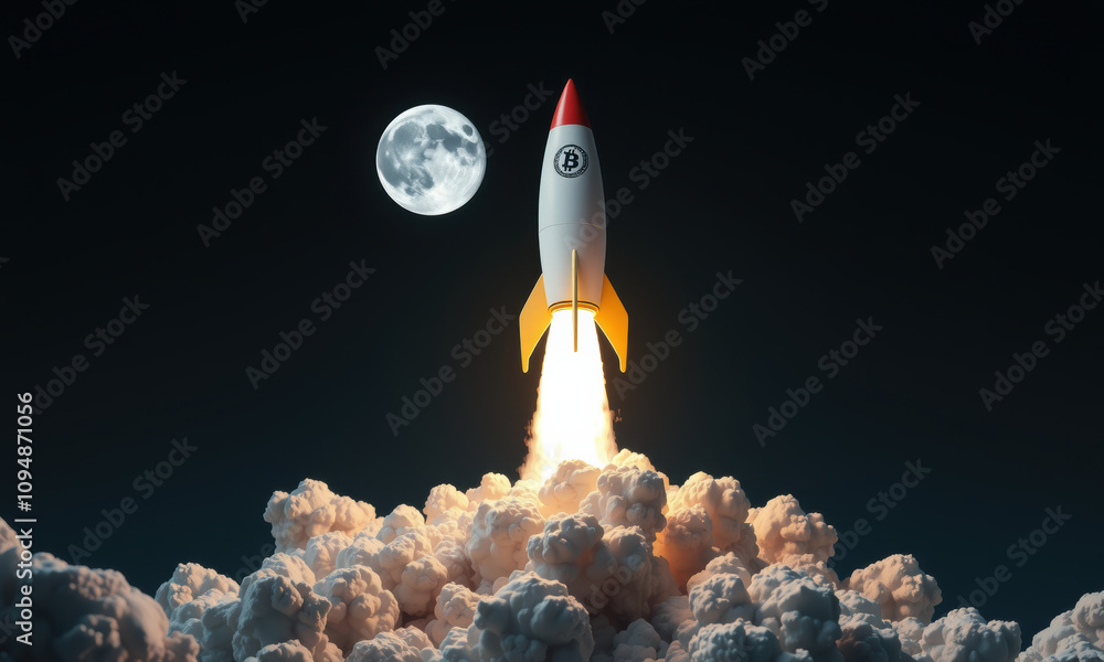 Naklejka premium rocket launching into space with full moon in background, symbolizing innovation and progress in technology. scene is dramatic and inspiring