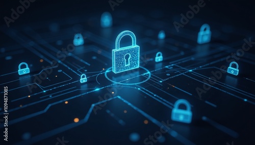 High-tech digital art illustration showcases an abstract encrypted security grid with dark blue tones and floating padlock icons featuring a futuristic cyber encryption motif