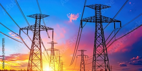 Majestic Sunset Over Power Lines and Transmission Towers Illuminating the Sky with Vibrant Colors, Symbolizing Energy, Infrastructure, and Modern Technology
