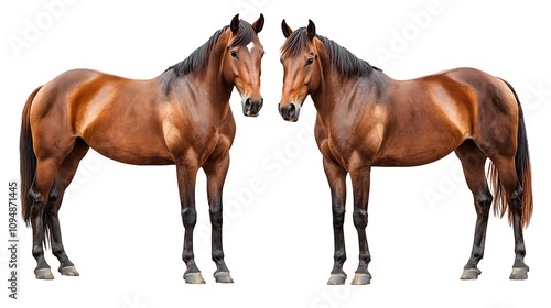 A pair of horses standing side by side, their heads gently touching on a white background