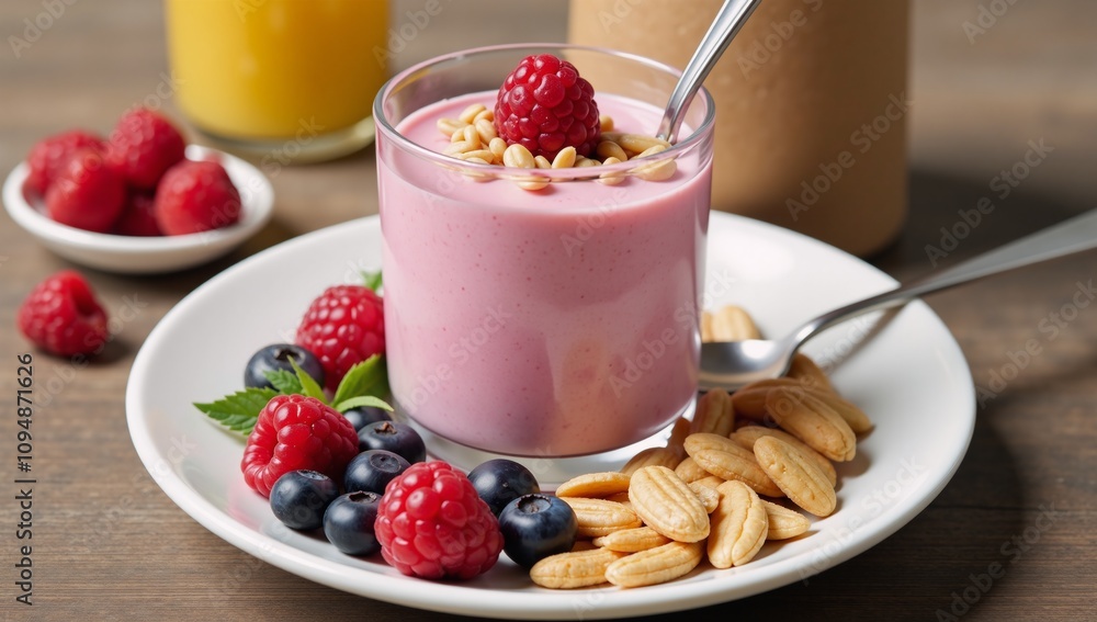 Vegan organic or breakfast bowl Raspberry-flavored cereal yogurt and fruit with added protein Vegan organic or breakfast bowl Raspberry-flavored cereal yogurt and fruit with added protein