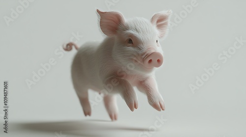 A piglet running with its legs mid-motion and tail wagging on a white background photo