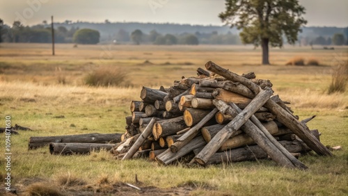 Stack of Logs in a Field of Grass