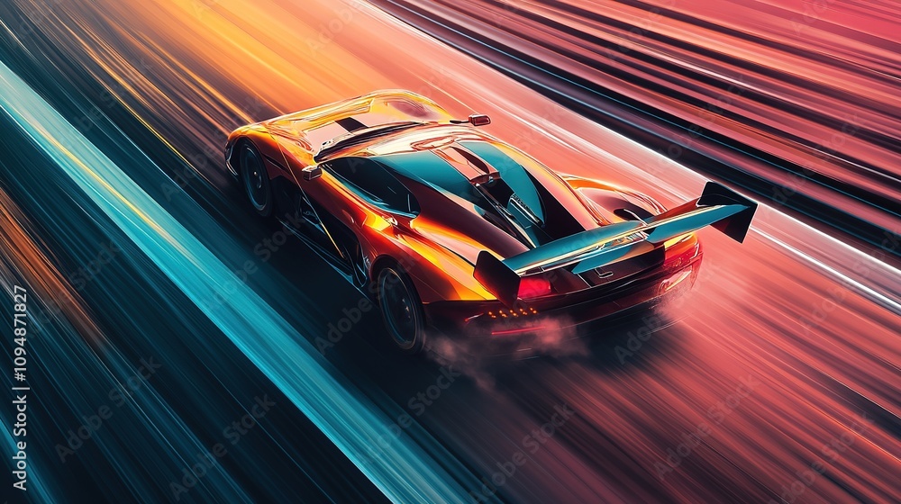 A race car roaring down the track at full speed, with the engine's power visibly pushing the vehicle forward. A race car roaring down the track at full speed, with the engine's power visibly pushing the vehicle forward.