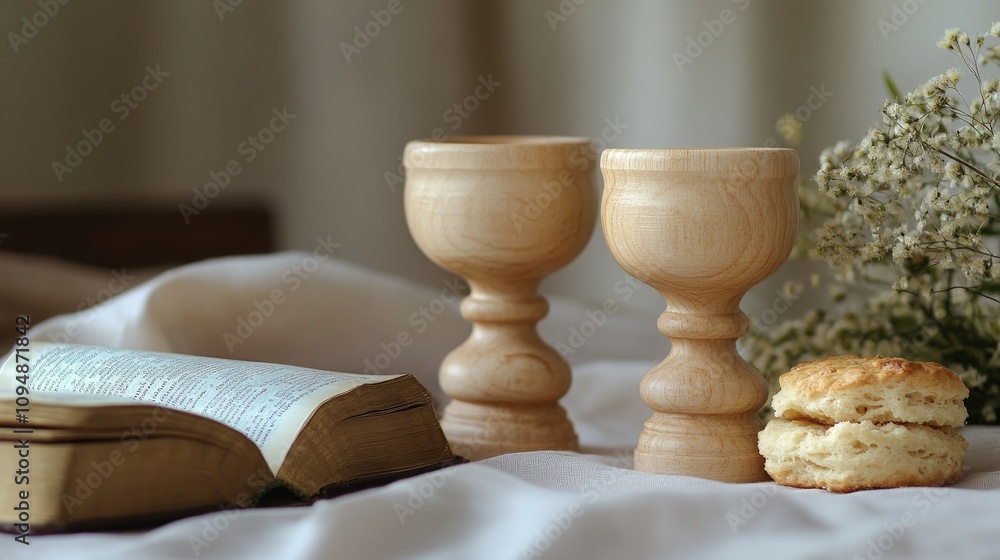 Communion still life with bread, wine, and open Bible Communion still life with bread, wine, and open Bible