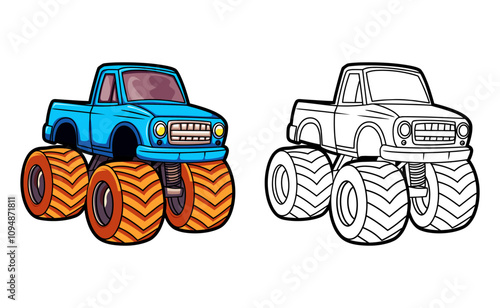 Cute monster truck cartoon line art coloring pages book for kids vector illustration