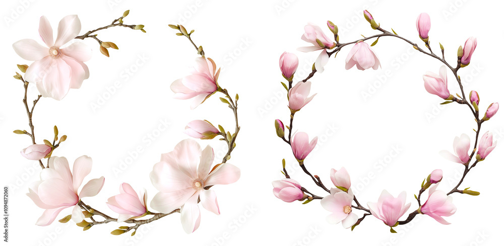 Fototapeta premium Set of pink magnolia flower wreaths