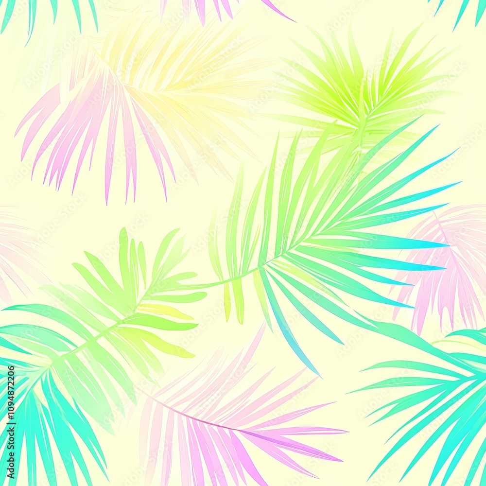 Fototapeta premium Tropical Pastel Paradise A Seamless Pattern of Delicate, Watercolor Palm Leaves for Designs