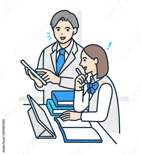 先生と学生服を着た生徒。学校でタブレット使用し勉強を教わるイラスト。