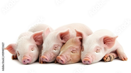 A group of piglets huddled together, their soft pink skin contrasting against a white background photo