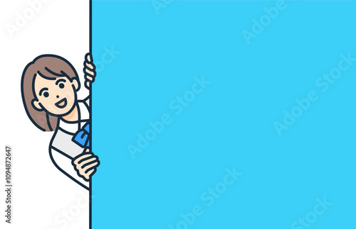 学生服を着た女の子が覗き込む。壁から顔を出す女子高生のベクターイラスト素材。