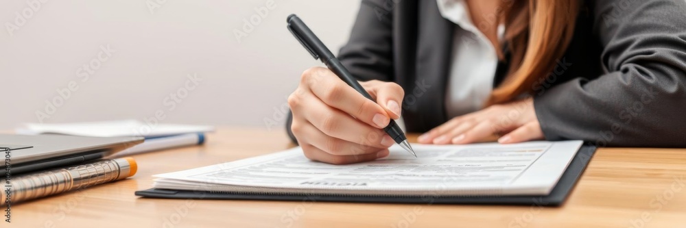 A close-up shot of a woman's hand elegantly holding a pen while writing on a paper report in an office setting, report, education, writing A close-up shot of a woman's hand elegantly holding a pen while writing on a paper report in an office setting, report, education, writing
