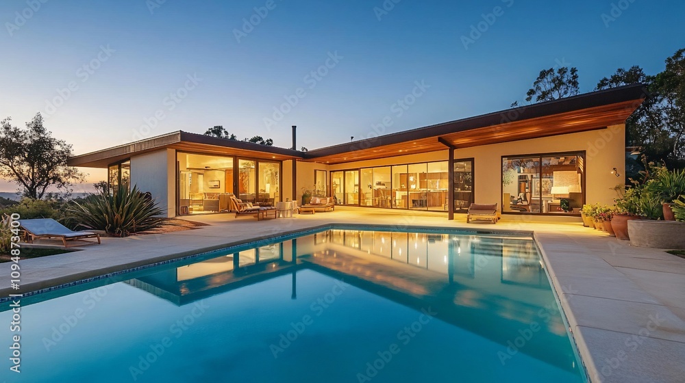 Modern house with swimming pool and patio at dusk. Modern house with swimming pool and patio at dusk.