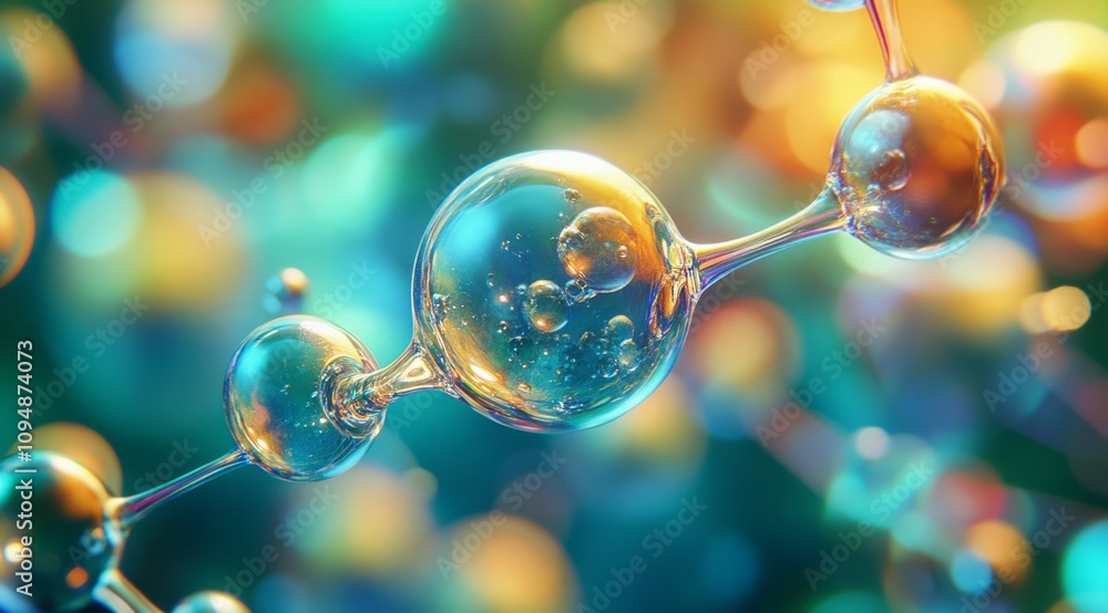 A close-up of the molecular structure with a blue and green background, featuring glass spheres