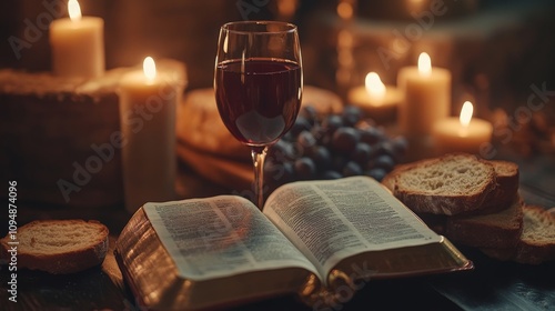 Communion bread, wine, and Bible representing spiritual reflection