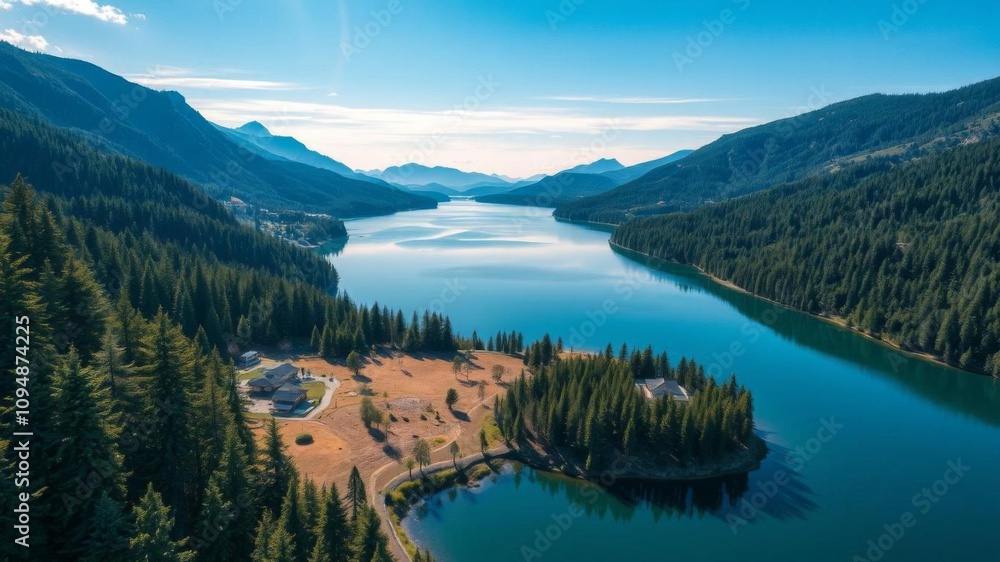 Obraz premium Aerial view of lake and green forest in daylight, ideal for educational and creative themes, print media, creative, landscape