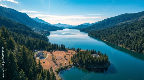 Aerial view of lake and green forest in daylight, ideal for educational and creative themes, print media, creative, landscape