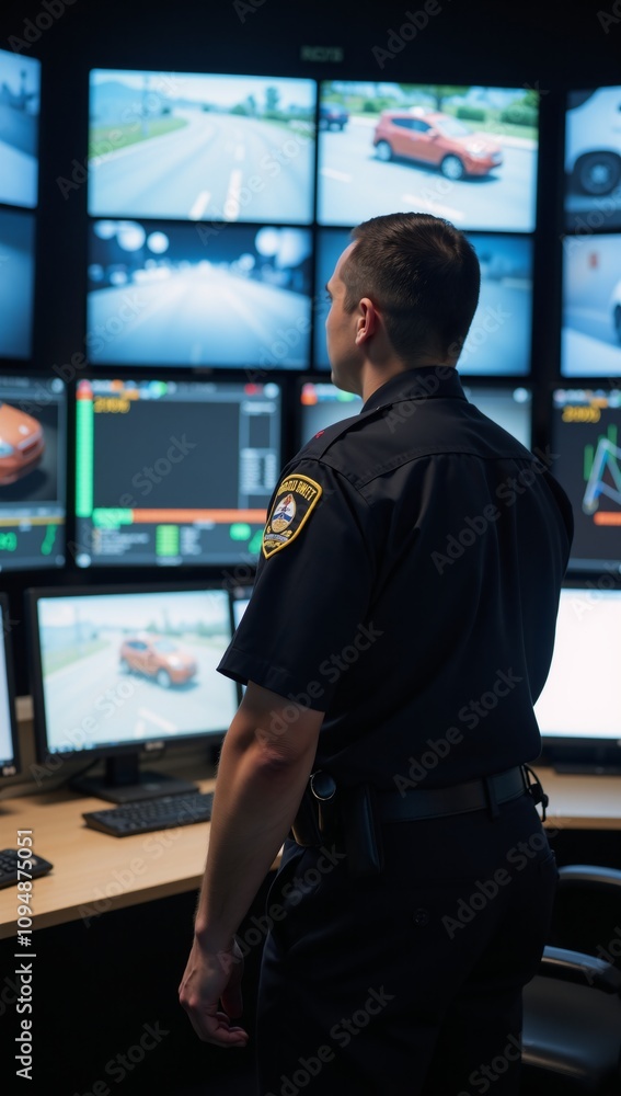 Man in cop uniform guards techy command center Man in cop uniform guards techy command center