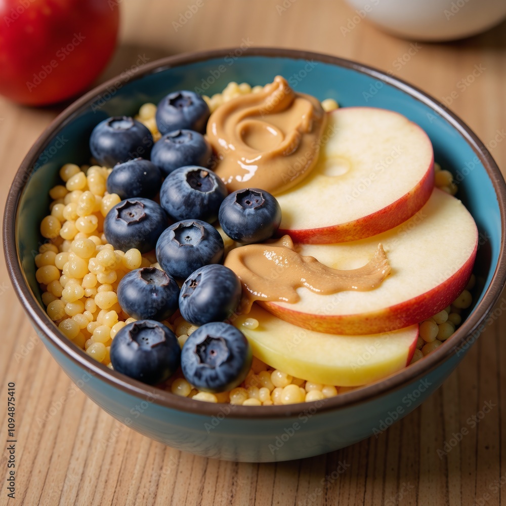 Vegan Quinoa Porridge with Apple Blueberries Peanut Butter Hemp Seeds Healthy Breakfast Option Vegan Quinoa Porridge with Apple Blueberries Peanut Butter Hemp Seeds Healthy Breakfast Option