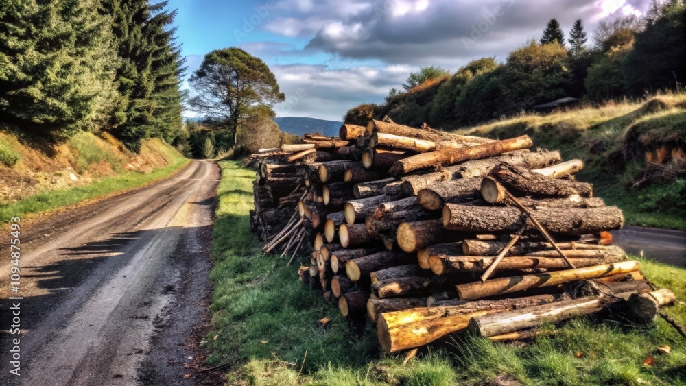 Stacked Logs Beside a Winding Forest Road Stacked Logs Beside a Winding Forest Road