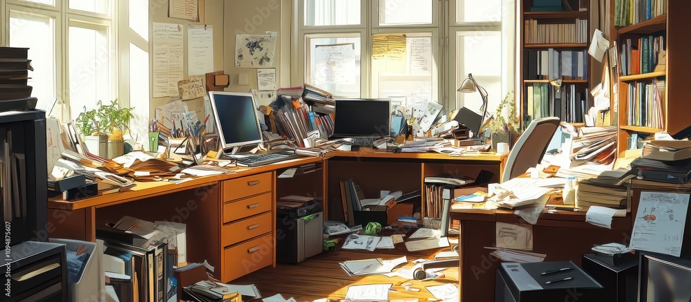 A Messy Office in Sunlight: A digital illustration of a cluttered workspace bathed in warm sunlight, showcasing a chaotic yet inviting atmosphere. A Messy Office in Sunlight: A digital illustration of a cluttered workspace bathed in warm sunlight, showcasing a chaotic yet inviting atmosphere.