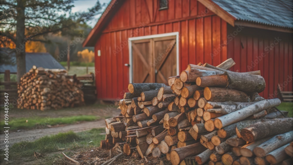 Stack of Firewood in Front of a Red Barn