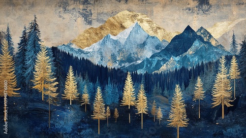 Fototapeta Naklejka Na Ścianę i Meble -  3D wall art decor in Dark blue and Golden interior painting trees forest and mountain HD
