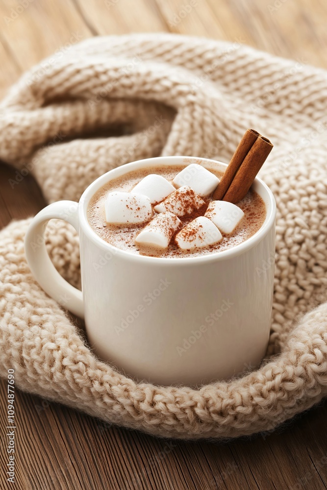 A mug of hot chocolate with marshmallows and a cinnamon stick on top. The mug is sitting on a wooden table next to a cozy blanket. The image conveys a warm and comforting atmosphere A mug of hot chocolate with marshmallows and a cinnamon stick on top. The mug is sitting on a wooden table next to a cozy blanket. The image conveys a warm and comforting atmosphere