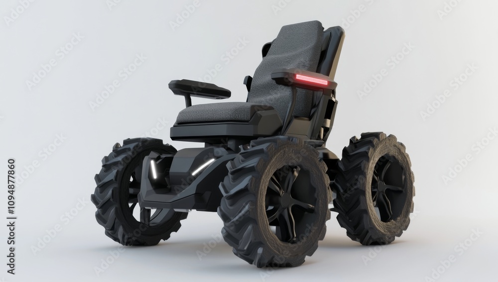 High-Tech Electric Wheelchair with Comfortable Armrests and Fabric Seats on Rugged Wheels High-Tech Electric Wheelchair with Comfortable Armrests and Fabric Seats on Rugged Wheels