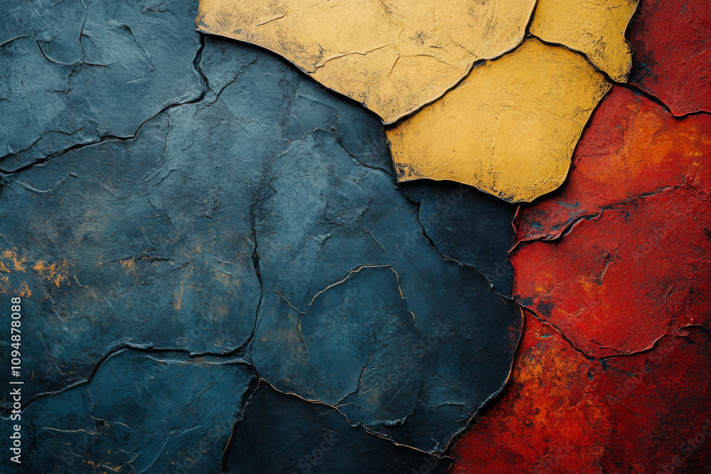 Fototapeta premium Abstract art featuring a textured surface with deep blue, golden yellow, and rich red hues. The cracked paint creates a dramatic, layered effect.