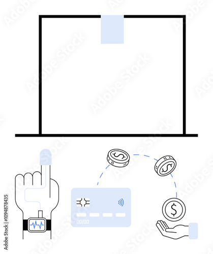 Hand with smartwatch making contactless payment using card, transferring coins into open palm. Ideal for digital transactions, wearable devices, smart payment, financial technology, e-commerce, money